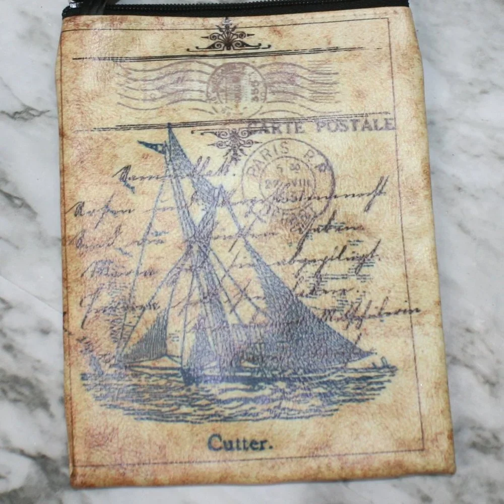 VINTAGE Purse Mini Bag Postcard Nautical Sailboat Travel Crossbody Leather